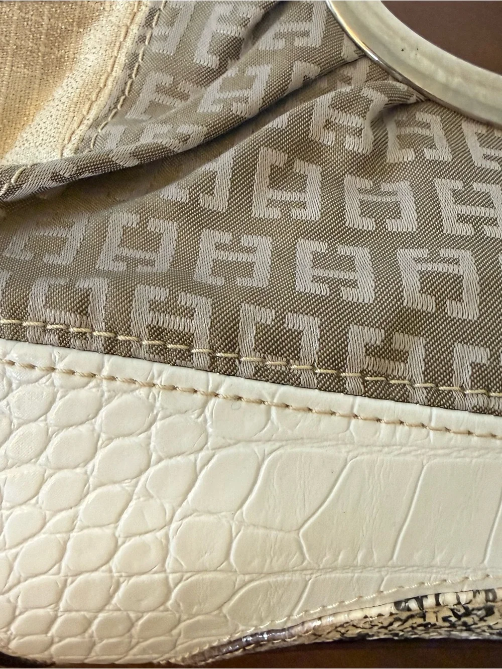 Brown, White & Tan Patchwork Clutch Oval Silver Handles - Faux Vegan Leather